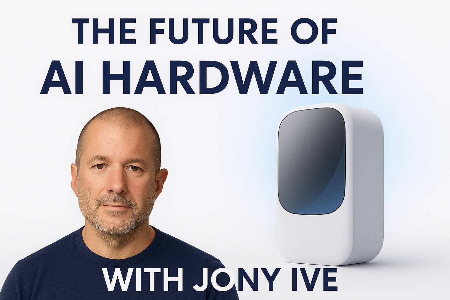 Jony Ive with a futuristic AI device, representing the future of AI-powered hardware design in collaboration with OpenAI.