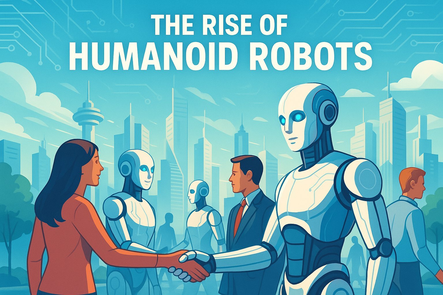 Humanoid robots in industry collaborating with humans in a modern workplace illustration