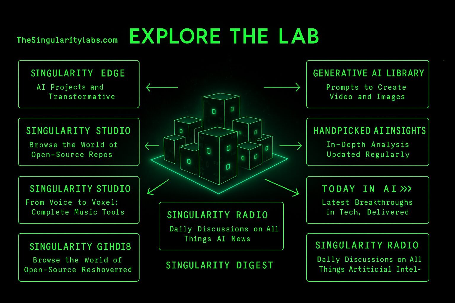 Explore nine core features of The Singularity Labs including tools, insights, simulations, and innovation hubs for generative AI.