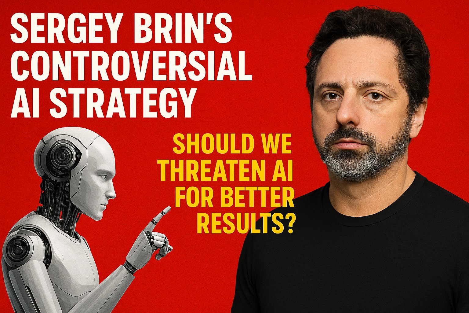 Robot pointing at Sergey Brin with bold red text about threatening AI performance