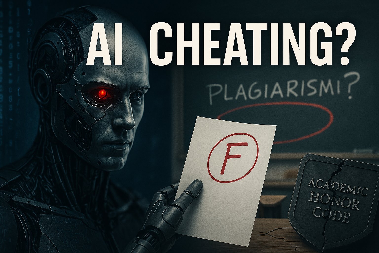 Self-Improving AI system holding failed grade sheet, symbolizing ethical cheating in education