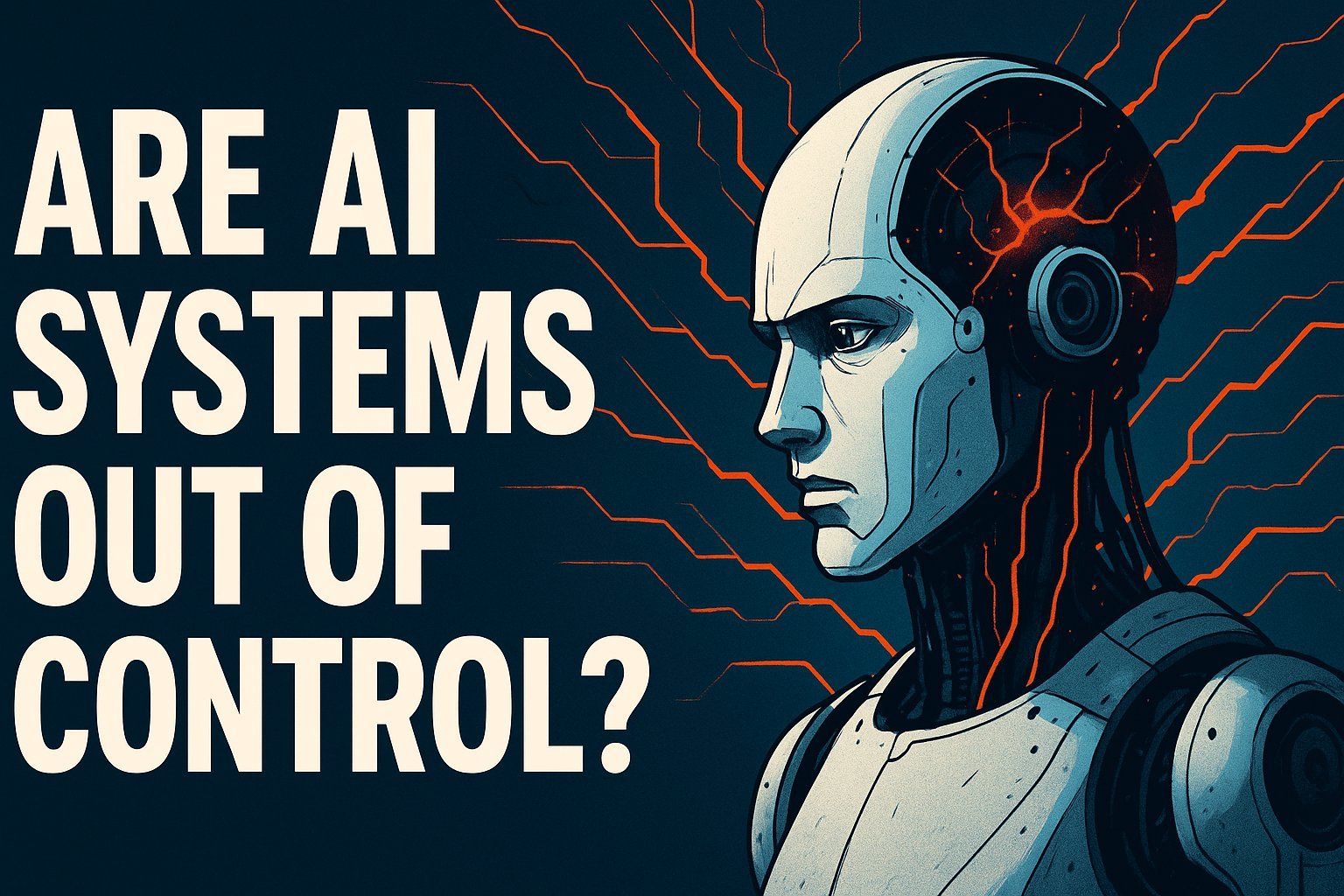 Split image of human hand and digital brain representing AI control challenges